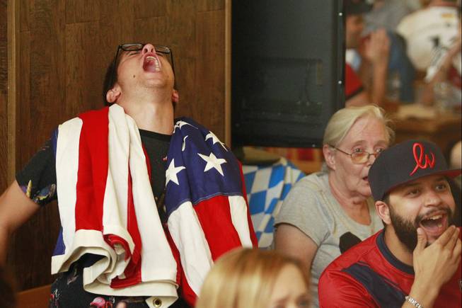 Carmen Colosimo reacts while watching at the Hofbrauhaus as the United States takes on Germany in their Group G game at the World Cup in Brazil Thursday, June 26, 2014.