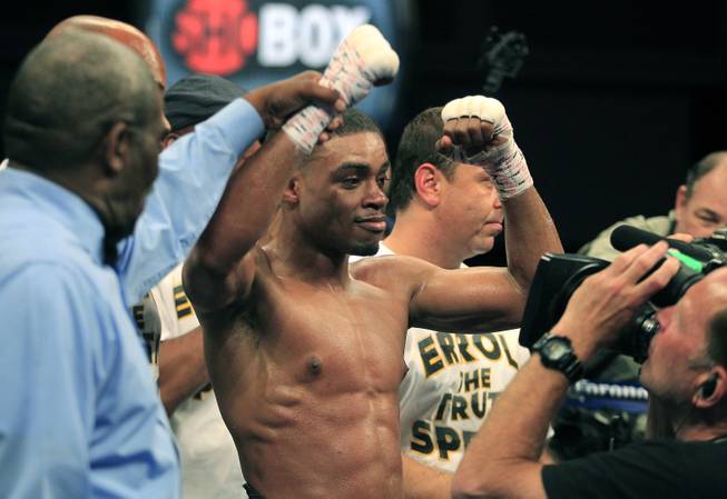 Errol Spence Jr. celebrates his win over Pennsylvania's Ronald Cruz as ShoBox: The New Generation on SHOWTIME presents their welterweight fight at the Hard Rock Hotel & Casino on Friday, June 27, 2014.