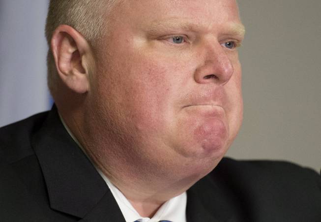 Toronto Mayor Rob Ford holds back his emotions while speaking during an invite-only press conference Monday, June 30, 2014, at City Hall in Toronto after his stay in a rehabilitation facility.
