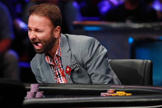 Daniel Negreanu makes a face at the play of Daniel Coleman during the final table of the Big One For One Drop tournament at the World Series of Poker Tuesday, July 1, 2014 at the Rio. Colman took home first place and $15,306,668 in prize money.