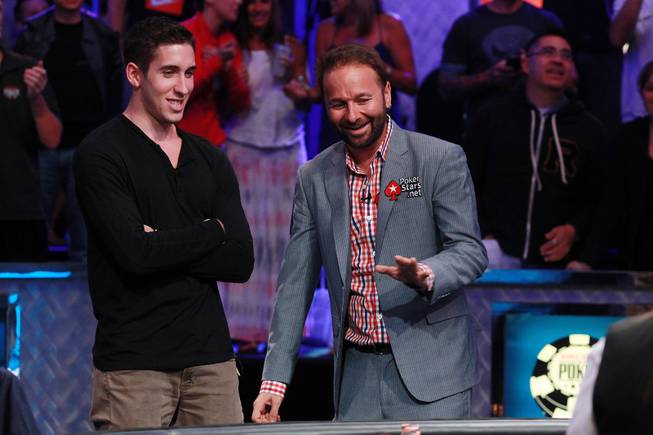 Daniel Colman and Daniel Negreanu talk while waiting for the turn during the final table of the Big One For One Drop tournament at the World Series of Poker Tuesday, July 1, 2014 at the Rio. Colman took home first place and $15,306,668 in prize money.