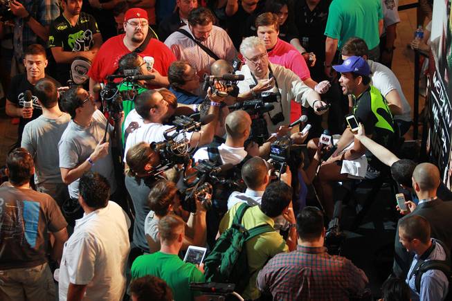 Lyoto Machida speaks to reporters during the open workout for UFC 175 Wednesday, July 2, 2014 at the Fashion Show Mall.