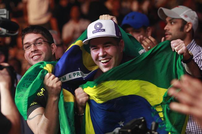Fans of Lyoto Machida wave a Brazilian flag during his fight against Chris Weidman at UFC 175 at the Mandalay Bay Events Center Saturday, July 5, 2014. Weidman won a unanimous decision to retain his middleweight belt.