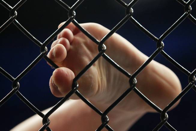 Jesse Ronson wraps his toes in the fence during his fight against Kevin Lee at The Ultimate Fighter 19 Finale Sunday, July 6, 2014 at the Mandalay Bay Events Center. Lee won by decision.