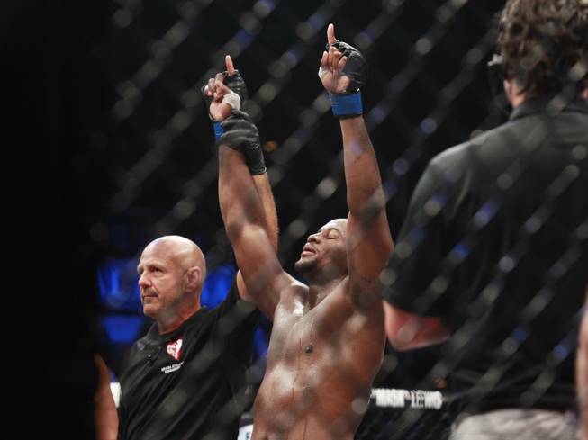 Derrick Lewis celebrates his first round TKO of Guto Inocente in their fight at "The Ultimate Fighter" 19 finale Sunday, July 19, 2014 at the Mandalay Bay Events Center.