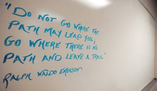 An inspirational quote from Ralph Waldo Emerson is written on a dry erase board inside a classroom used to house weekly substance abuse and anger management classes for inmates inside the Clark County Detention Center.
