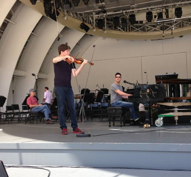 Joshua Bell and Frankie Moreno rehearse at the Hollywood Bowl.