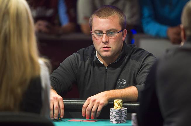 William Tonking of Flemington, N.J. competes during the World Series of Poker $10,000 buy-in No-limit Texas Hold 'em main event at the Rio Monday, July 14, 2014. Tonking made it to the final table.