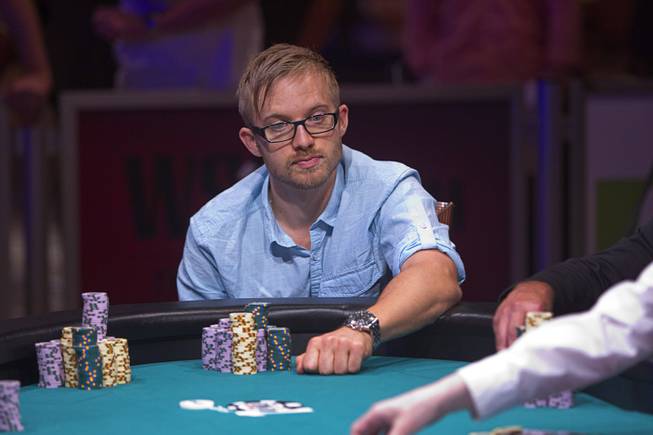 Martin Jacobson of Sweden competes during the World Series of Poker $10,000 buy-in No-limit Texas Hold 'em main event at the Rio Monday, July 14, 2014. Jacobson made it to the final table.