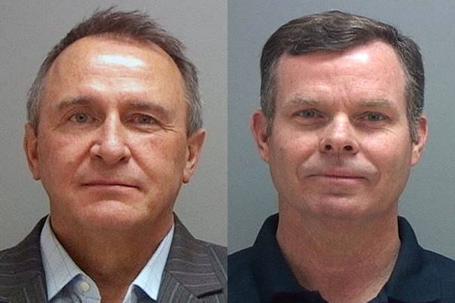 This combination of Tuesday, July 15, 2014 photos provided by the Salt Lake County Sheriff shows former Utah attorneys general Mark Shurtleff, left, and John Swallow who were taken into custody Tuesday as part of a bribery investigation. The arrests come just over a year after two county attorneys began scrutinizing Shurtleff and Swallow's relationships with several businessmen in trouble with regulators.