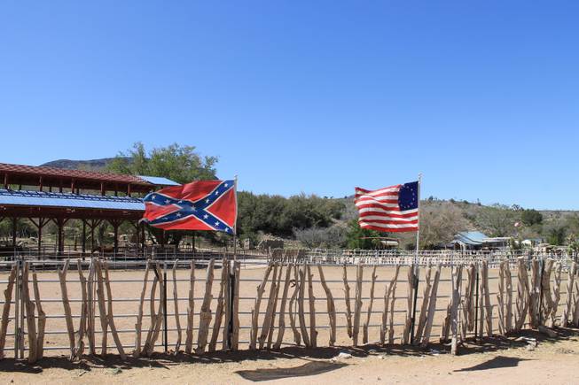 Flags of a bygone era fly during the video shoot for Melody Sweets' "Shoot 'em Up" at Grand Canyon Ranch on April 22, 2014.