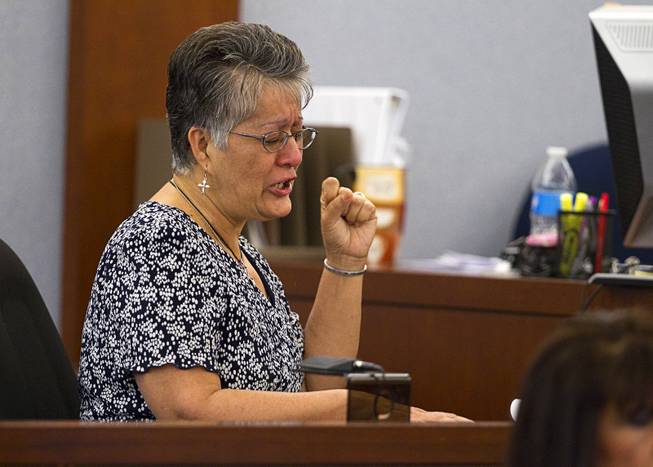 Elsie Narvaez, mother of Deborah Flores Narvaez, asks for the maximum penalty during sentencing for Jason Griffith at the Regional Justice Center Wednesday, July 23, 2014. The former Las Vegas Strip performer was found guilty of second-degree murder in the 2010 death and dismemberment of his ex-girlfriend Deborah Flores Narvaez, a dancer in Luxor's topless "Fantasy" revue.