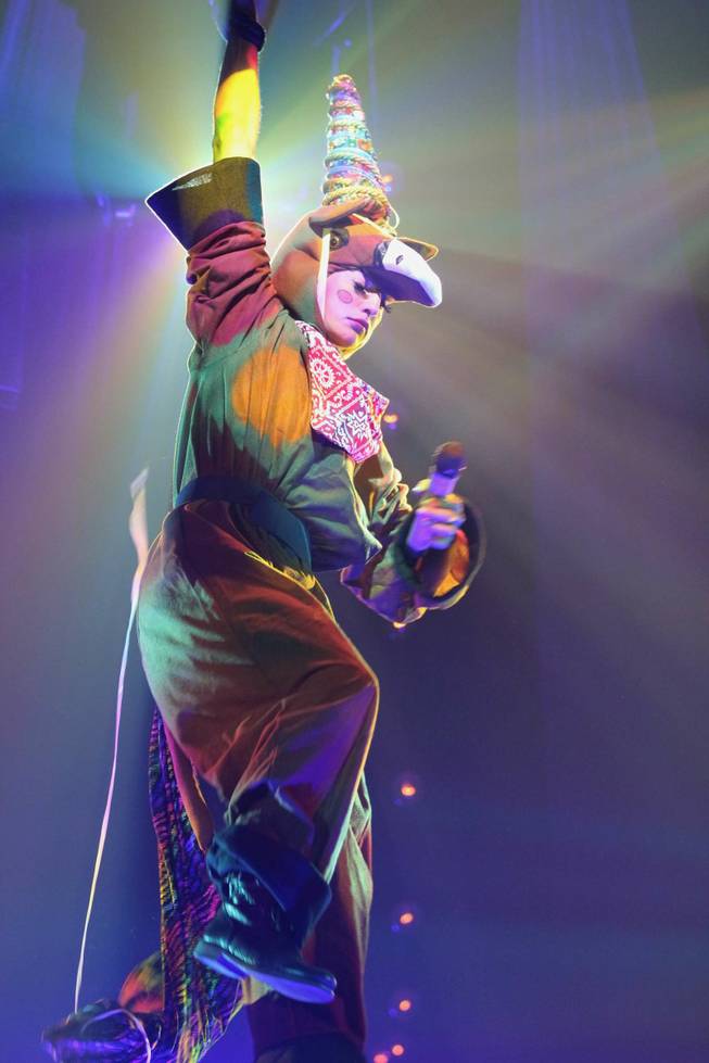 Penny Pibbets of "Absinthe" fulfills her fantasy of performing as a unicorn in Melody Sweets’ video-release party for the music video "Shoot 'em Up" at the "Absinthe" tent at Caesars Palace on Tuesday, July 22, 2014.