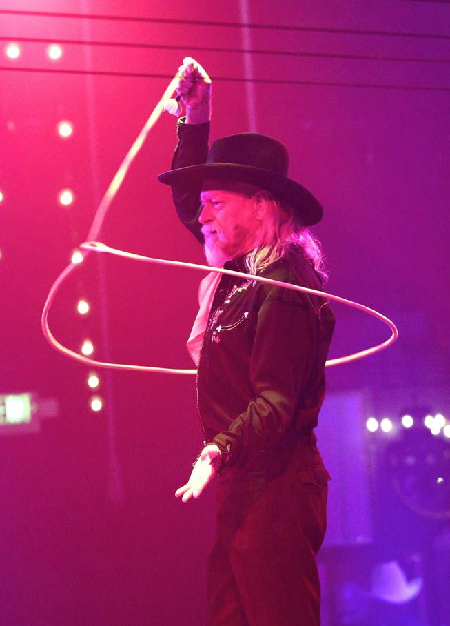 Rope-trick artist Chris McDaniel performs in Melody Sweets’ video-release party for the music video "Shoot 'em Up" at the "Absinthe" tent at Caesars Palace on Tuesday, July 22, 2014.