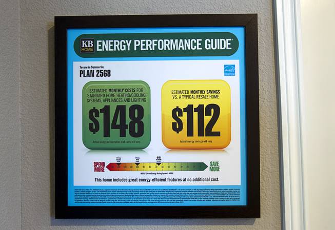 An energy performance guide is shown in a two-story plan 2568 model home at KB Homes' Tevare residential development in Summerlin Wednesday, July 30, 2014.