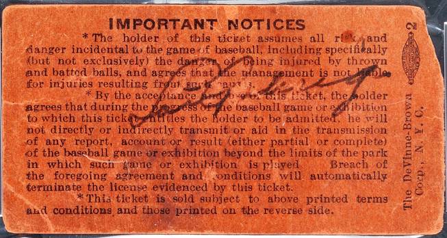 A Yankee Stadium ticket stub signed by Lou Gehrig on July 4, 1939, the day he retired from baseball, is shown. The ticket was sold at an auction by Heritage Auctions of Dallas, Texas on Thursday, July 31, 2014, for $95,600. 