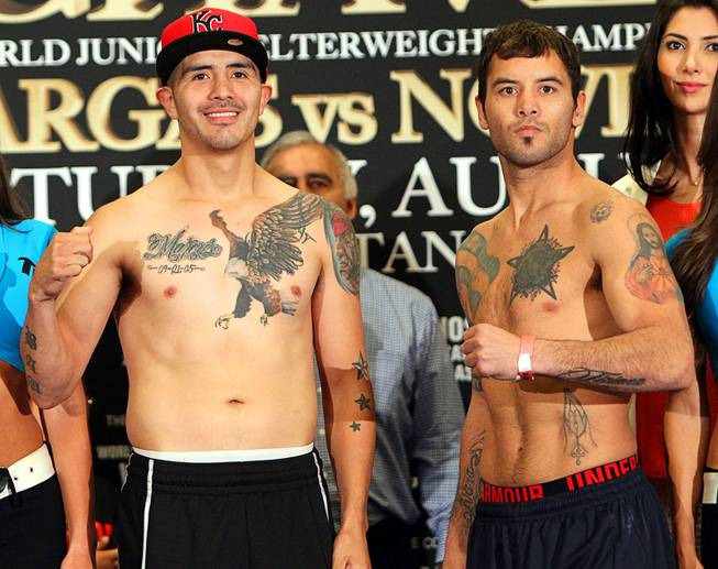 August 1, 2014, Las Vegas,Nevada --- (L-R)  Former World Lightweight champion Brandon Rios of Oxnard,Ca. and one-time interim world champion Diego Chaves of Buenos Aires weigh in ( Rios 147 lbs, Chaves 148 lbs) for their upcoming 10-round welterweight main event , Saturday, August 2 in the Chelsea at the Cosmopolitan.