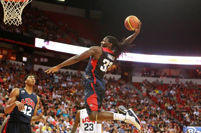 Kenneth Faried sails in for a dunk during the 2014 USA Basketball Showcase Friday, Aug. 1, 2014 at the Thomas & Mack Center.