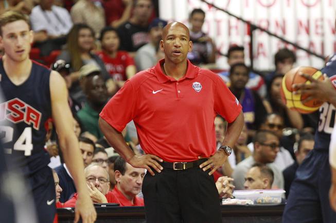 Coach Monty Williams talks to his players during the 2014 USA Basketball Showcase Friday, Aug. 1, 2014 at the Thomas & Mack Center.