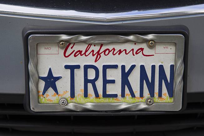 A license plate is shown on an SUV in the Rio parking lot during the final day of the 13th annual Official Star Trek Convention Sunday, Aug. 3, 2014.