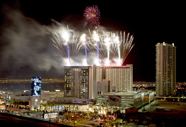 Fireworks explode during the grand opening of SLS Las Vegas, formerly the Sahara, in the early hours of Saturday, Aug. 23, 2014. 