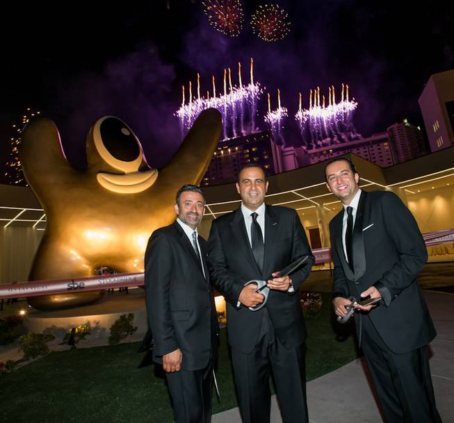 Arash Azarbarzin, president, SBE Hotel Group; Sam Nazarian, founder, chairman and CEO, SBE; and Sam Bakhshandehpour, president, SBE, at the grand opening of SLS Las Vegas on Friday, Aug. 22, 2014, on the Strip.