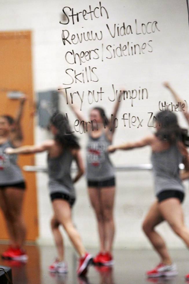 The schedule is written on a mirror during a UNLV Rebel Girls practice Tuesday, Aug. 19, 2014.