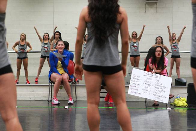 UNLV Rebel Girls coaches Marca DeCastroverdes, left, and Brandi Charles critique the dancers during a practice Tuesday, Aug. 19, 2014.