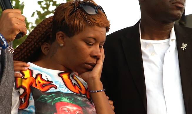 Lesley McSpadden, Michael Brown's mother, appears at Peace Fest, Sunday, Aug. 24, 2014, in St. Louis. Hundreds of people gathered in St. Louis’ largest city park Sunday at a festival that promoted peace over violence.