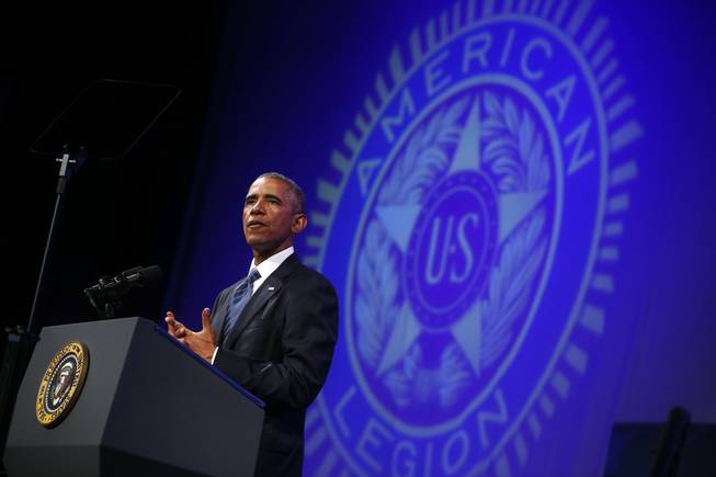President Barack Obama speaks about veterans issues at the American Legion’s 96th National Convention at the Charlotte Convention Center in Charlotte, N.C., Tuesday, Aug. 26, 2014.