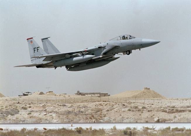 A U.S. F-15 fighter takes off in Saudi Arabia in an undated photo. An Air Force F-15C fighter jet based in Massachusetts crashed in the mountains of western Virginia on Wednesday, Aug. 27, 2014. 