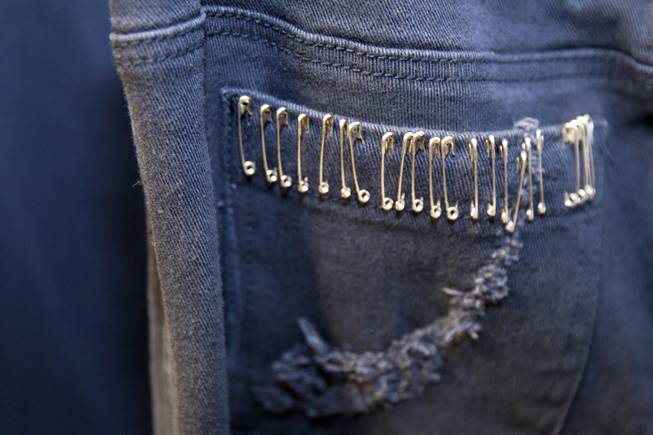 A pair of jeans is shown in a dressing room before a performance of "Rock Of Ages" at the Venetian Wednesday, Aug. 27, 2014. 