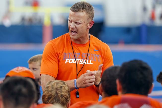 First-year Boise State coach Bryan Harsin talks to his team after the Broncos' scrimmage on Friday, Aug. 15, 2014, in Boise, Idaho.