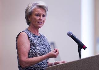 Pat Mulroy, senior fellow at UNLV'S Brookings Mountain West and Desert Research Institute, speaks during the Business of Water Summit 2.0 at the Springs Preserve Thursday, August 28, 2014. Mulroy served as general manager of Southern Nevada Water Authority from 1993 until retiring in Feb. 2014.