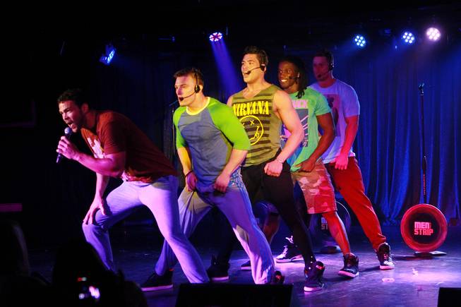 Keith Webb, Chris Boudreaux, Joel Sajun, Chaun Williams and Kyle Efthemes of Men of the Strip perform at The D Las Vegas on Thursday, Aug. 28, 2014, in downtown Las Vegas.