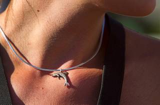 Christina Buffington wears a dolphin pendant during a protest in front of the Mirage Sunday, Aug. 30, 2014. About 30 people came out to protest the annual capture and killing of dolphins in Taiji, Japan.