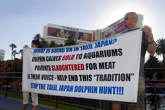 Nami Hymas and her husband Lane hold a banner during a protest in front of the Mirage Sunday, Aug. 30, 2014. About 30 people came out to protest the annual capture and killing of dolphins in Taiji, Japan.