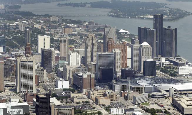 This July 16, 2013, aerial photo shows downtown Detroit.