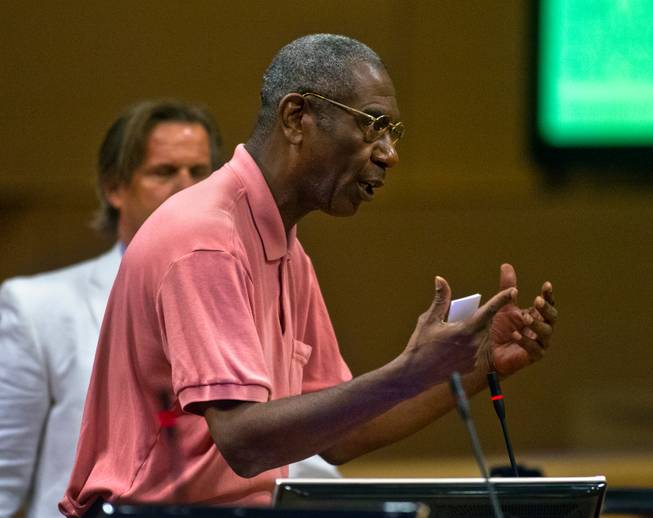 Public speaker Sammy Washington addresses the Las Vegas City Council receives a presentation on the proposed downtown soccer stadium prior to their vote whether to approve financial terms of the deal on Wednesday, September 3, 2014.