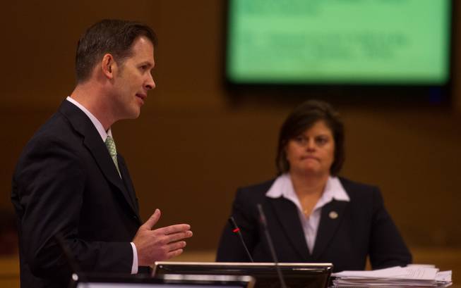 Bill Arent and Betsy Fretwell address the Las Vegas City Council on the proposed downtown soccer stadium before they vote whether to approve financial terms of the deal on Wednesday, September 3, 2014.  Arent is the city economic development director and Fretwell city manager.