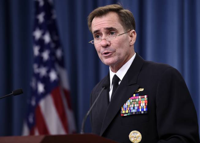 Pentagon press secretary Navy Rear Adm. John Kirby speaks during a briefing at the Pentagon, Tuesday, Sept. 2, 2014. The Pentagon says the leader of the Somalia-based al-Shabab extremist group was the target of U.S. military airstrikes that struck an encampment and a vehicle Monday night. Kirby said the results of the strike are being assessed and he can't confirm if Somali Ahmed Abdi Godane, the rebel leader, was hit. He says the strike against Godane was conducted by special operations forces with manned and unmanned aircraft firing hellfire missiles and precision-guided munitions. 