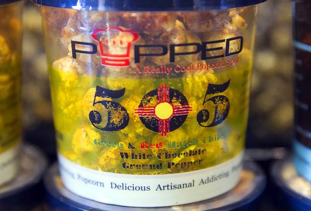 Popped 505, a popcorn flavored with green and red Hatch chile, white chocolate and ground pepper, is displayed at Popped, a gourmet popcorn shop at 3700 S. Hualapai Way, Wednesday Sept. 24, 2014. The shop also blasts popcorn with liquid nitrogen (-321F) to create a frozen popcorn dessert.