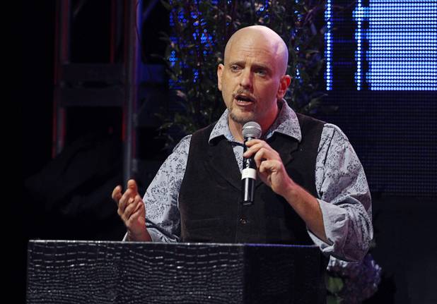 R. Blank of EM Sheild makes his pitch during a  "Get Started Las Vegas" event at the Palms' Rain nightclub Thursday Sept. 25, 2014. Cox Business sponsored the "Shark Tank"-style event where a handful of start-ups and business owners competed for a $15,000 prize package.