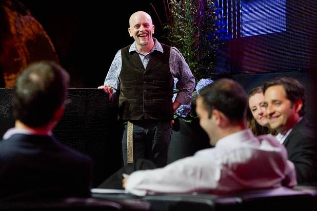 R. Blank of EM Sheild smiles as he takes a question from judges during a  "Get Started Las Vegas" event at the Palms' Rain nightclub Thursday Sept. 25, 2014. Cox Business sponsored the "Shark Tank"-style event where a handful of start-ups and business owners competed for a $15,000 prize package.