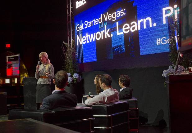 Jorja Leavitt of Sharetown makes a pitch during a "Get Started Las Vegas" event at the Palms' Rain nightclub Thursday Sept. 25, 2014. Cox Business sponsored the "Shark Tank"-style event where a handful of start-ups and business owners competed for a $15,000 prize package.