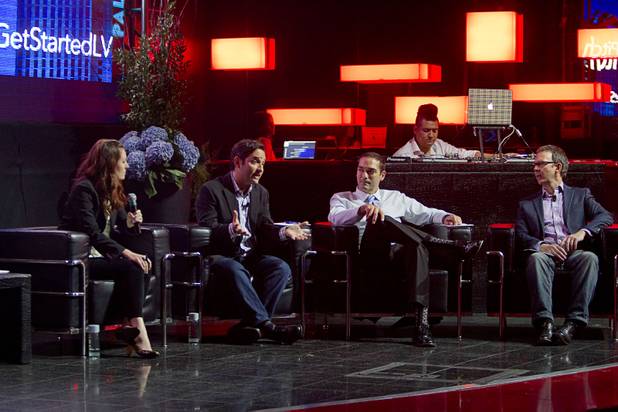 Judges speak to the audience during a "Get Started Las Vegas" event at the Palms' Rain nightclub Thursday Sept. 25, 2014. From left are: Lindsay Blakely, Josh Linkner, Brad Howard and Tim Washer. Cox Business sponsored the "Shark Tank"-style event where a handful of start-ups and business owners competed for a $15,000 prize package.