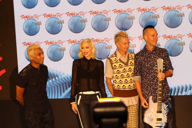 The band No Doubt, from left: Adrian Young, Gwen Stefani, Tony Kanal and Tom Dumont appear during an event in Times Square in New York announcing the band's participation in the May 2015 Rock In Rio music festival on the Strip.