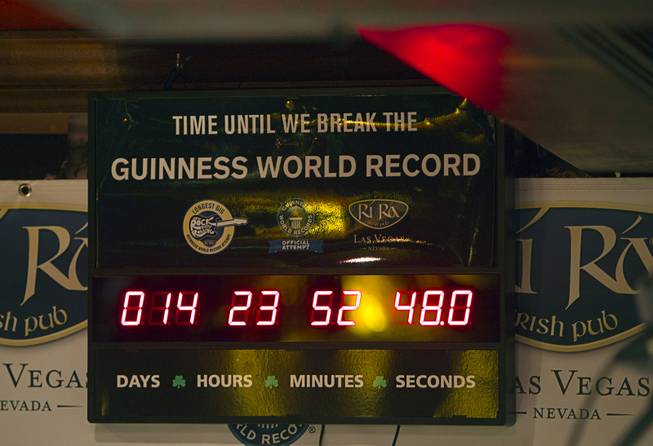 A countdown clock is shown during a kick-off for a Guinness World Record attempt at Ri Ra Irish Pub on Wednesday, Oct. 1, 2014, in Mandalay Place. The pub is attempting to break the Guinness World Record for longest music marathon performed by Irish bands. The current record is 15 days.