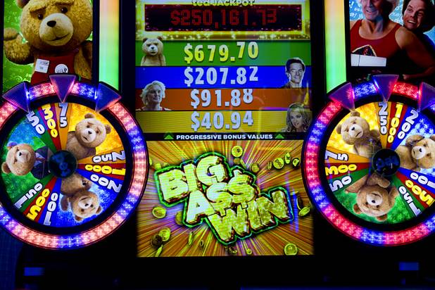 A slot machine based on the movie "Ted" is displayed during the Global Gaming Expo (G2E) at the Sands Expo Center Thursday, Oct. 2, 2014. The 2012 comedy from Seth MacFarlane features a raunchy, beer-swilling teddy bear.