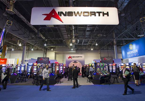 The Ainsworth booth is shown during the Global Gaming Exposition (G2E) at the Sands Expo Center Thursday, Oct. 2, 2014.